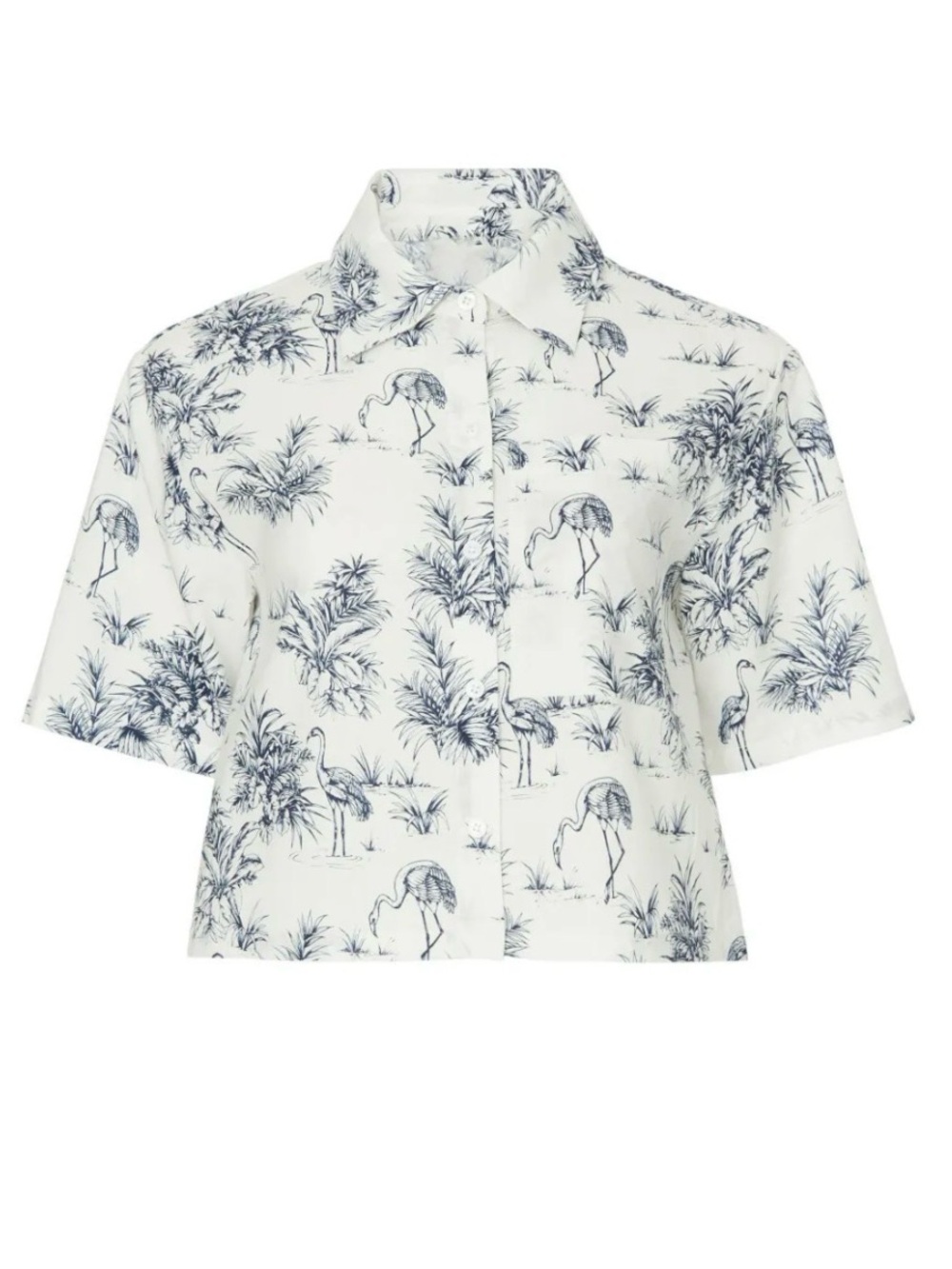 Hunter Bell Short-Sleeve Cropped Button-Down Shirt - White w Navy Flamingo Print